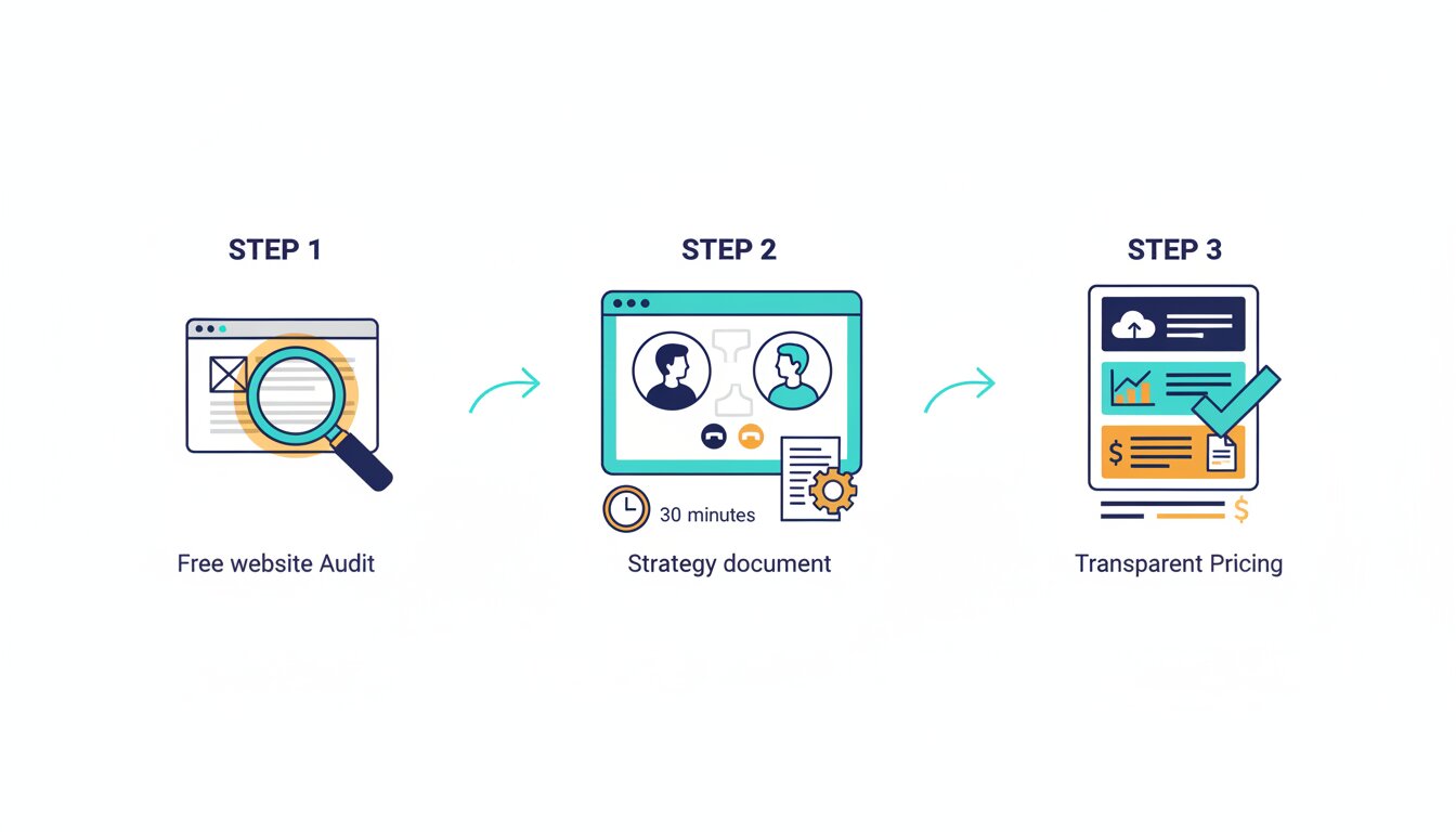 Three-step process: free website audit, 30-minute strategy call, transparent pricing.