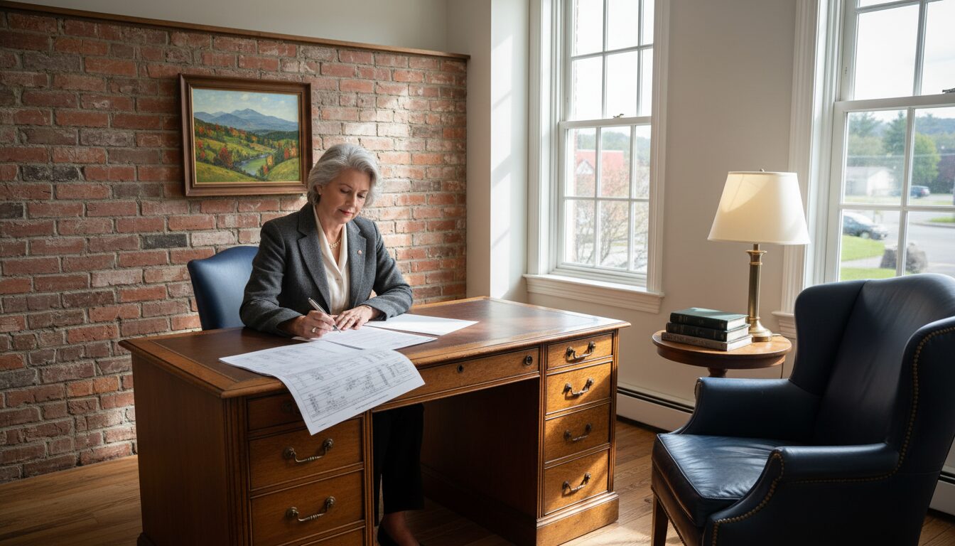 A senior CPA reviewing a printed financial statement at a wooden desk in a small Burlington Vermont office