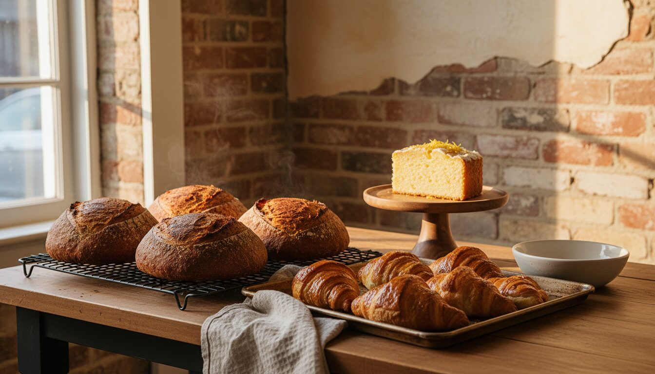 A wooden bakery counter at golden hour with fresh sourdough loaves, hand-laminated croissants, and a slice of layered cake on display
