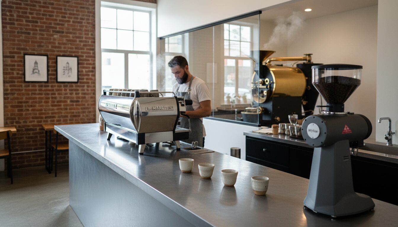 A specialty coffee shop interior with a Probat roaster visible through a glass partition behind a zinc-topped espresso bar