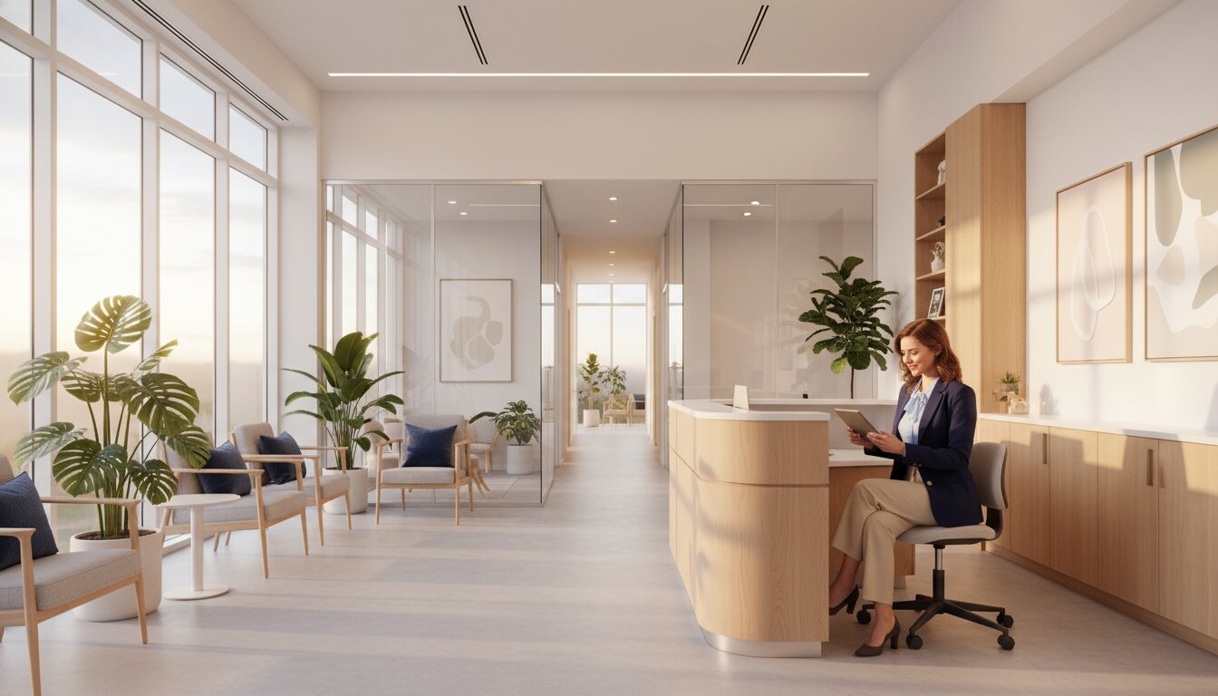 Bright, modern dental practice reception with a friendly staff member reviewing patient information at the front desk