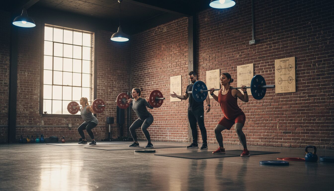 Three adults in plain workout clothes mid-squat in a small-class barbell strength gym with a coach giving cues