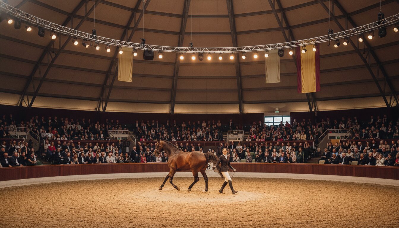 Premier horse auction event in an indoor covered arena with bidders in tiered seating watching a show horse in the auction ring