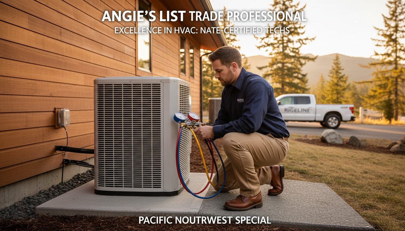 A NATE-certified HVAC technician servicing a heat pump on a concrete pad outside a Pacific Northwest home
