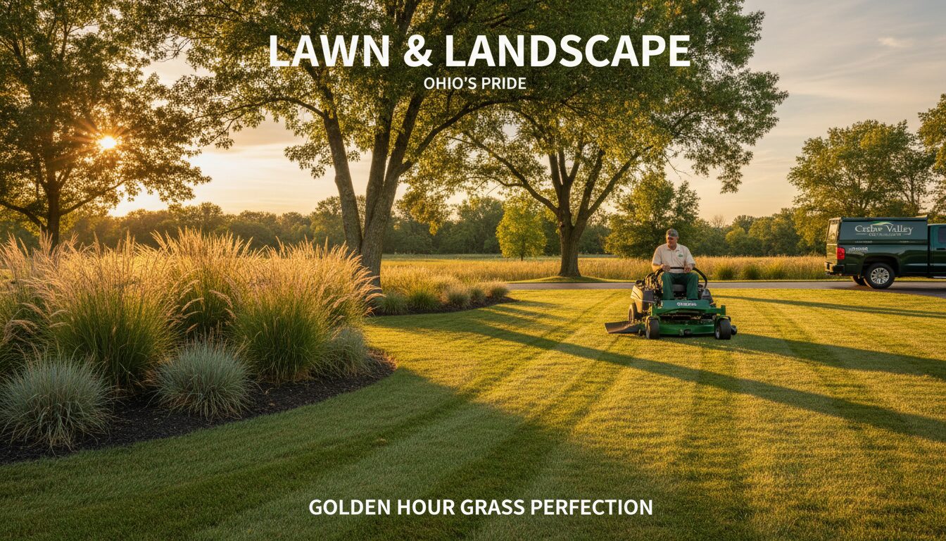 A clean-cut suburban Ohio lawn at golden hour with a landscaper on a zero-turn mower finishing crisp diagonal lines