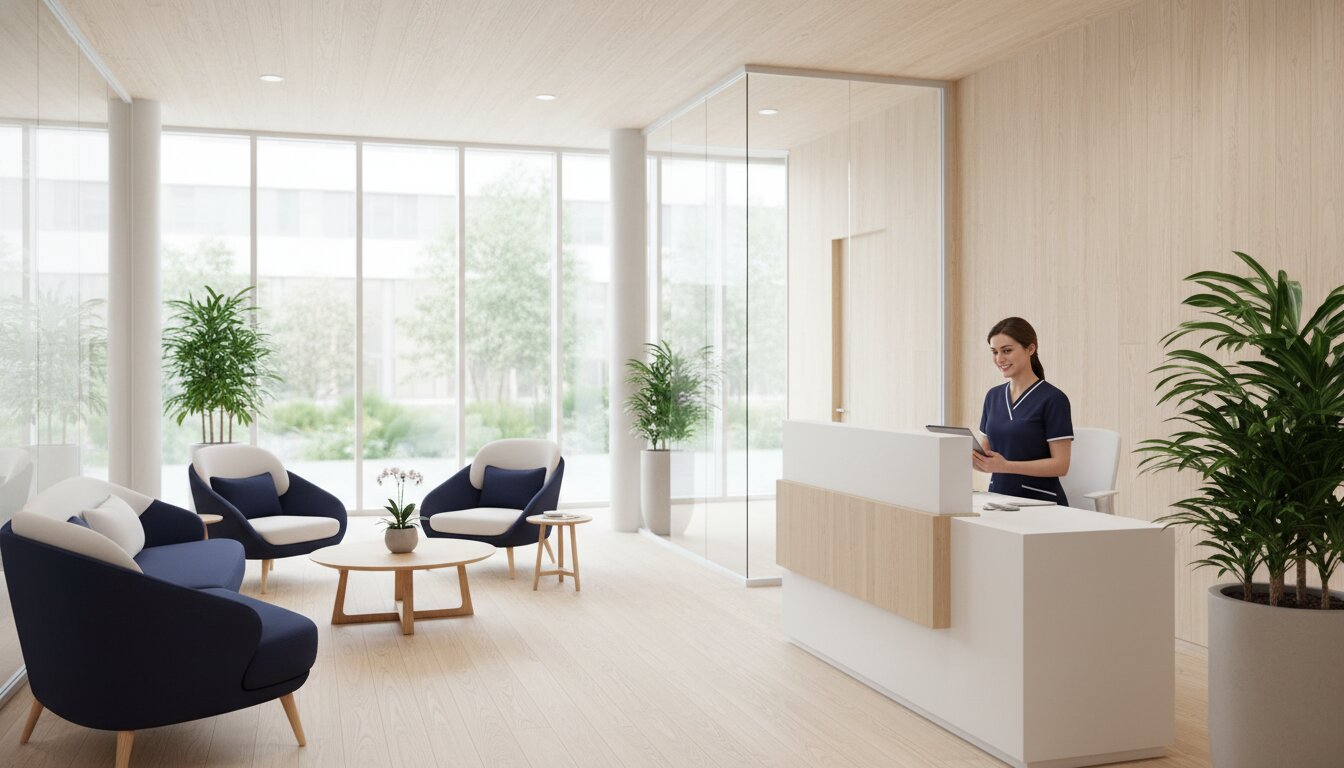 Calm, modern medical practice reception area with a friendly staff member in scrubs reviewing a tablet