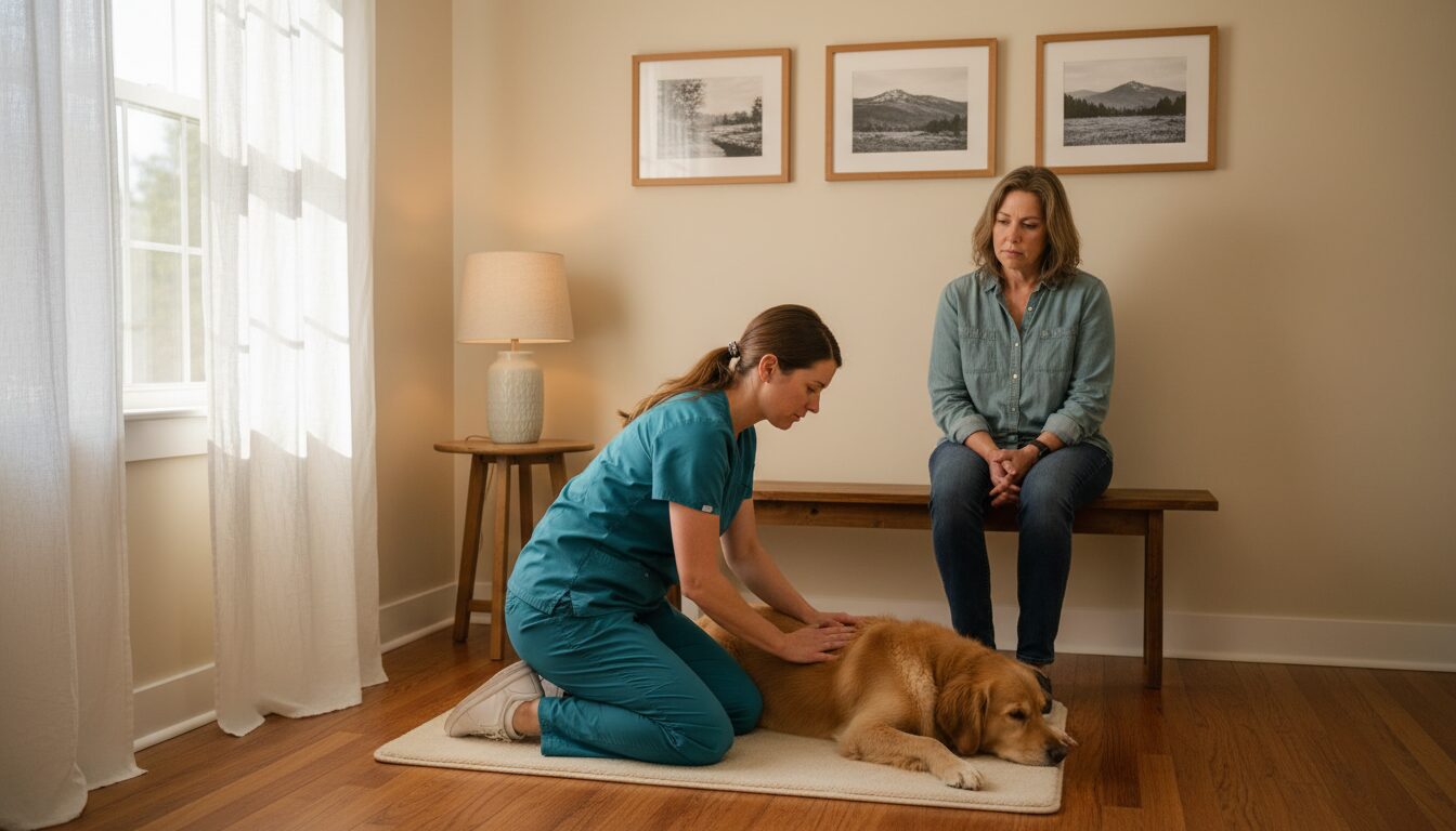 A veterinarian in teal scrubs gently examining a Golden Retriever on an exam table with the owner looking on