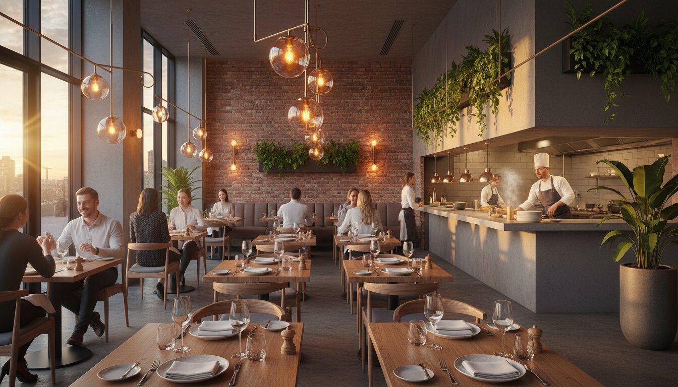 Bustling modern restaurant during a successful dinner service with warm lighting and an open kitchen