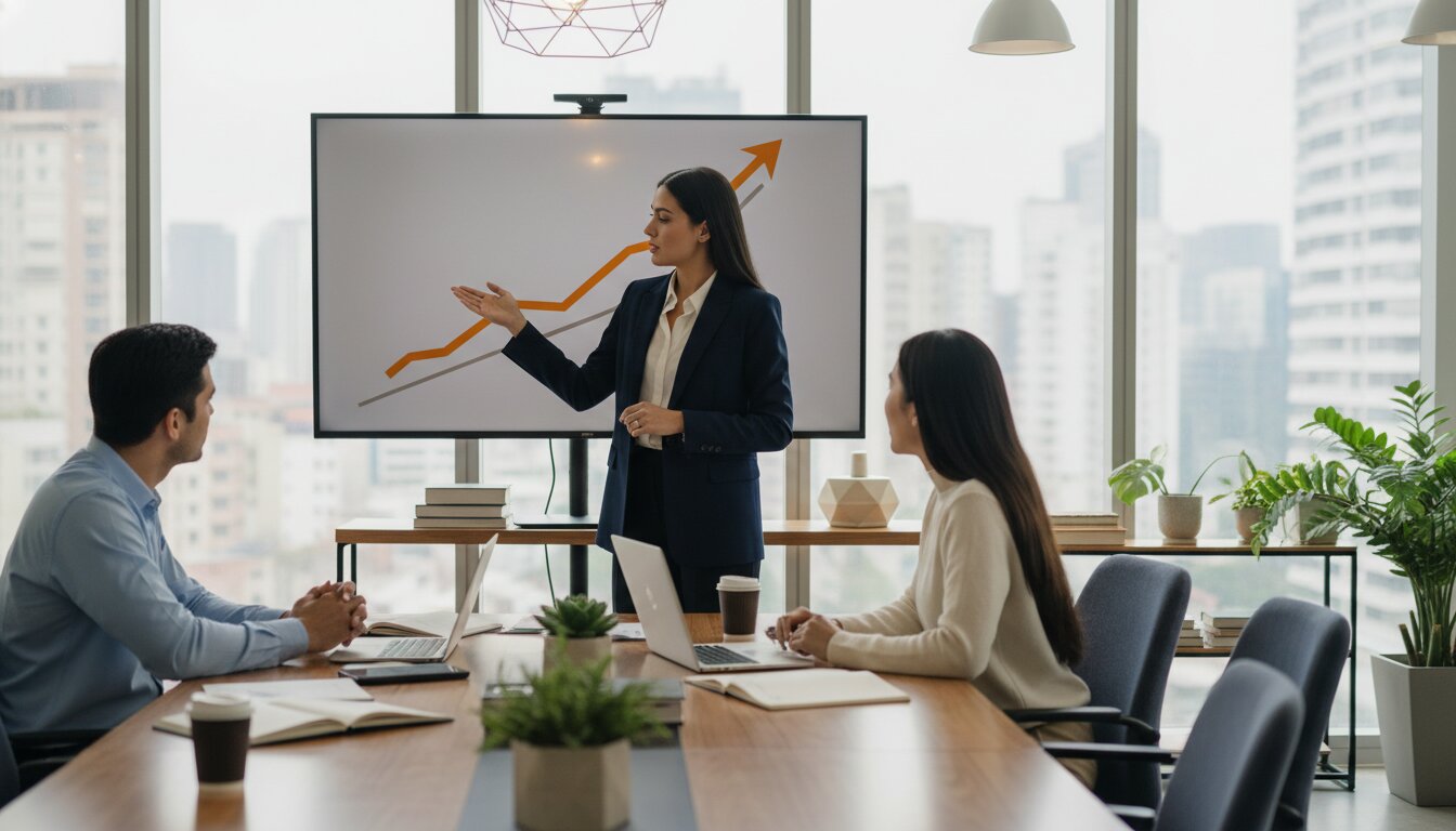 CrestVisor strategy session reviewing a marketing performance chart trending upward